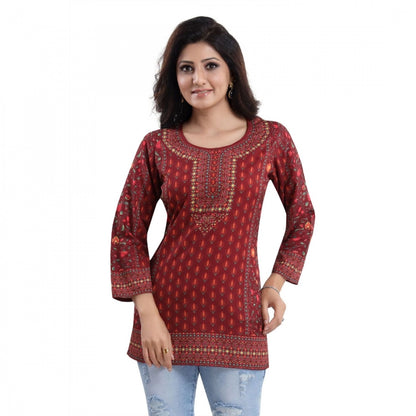 PKRKART Women's Quarter Sleeve Faux Crepe Printed Short Kurti Tunic Top (Color:Red)