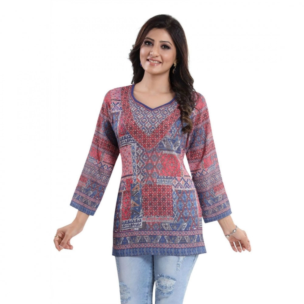 PKRKART Women's Quarter Sleeve Faux Crepe Printed Short Kurti Tunic Top (Color:Multicolor)