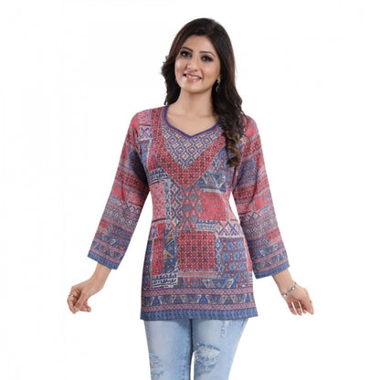 PKRKART Women's Quarter Sleeve Faux Crepe Printed Short Kurti Tunic Top (Color:Multicolor)