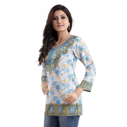 PKRKART Women's Quarter Sleeve Faux Crepe Printed Short Kurti Tunic Top (Color:White)