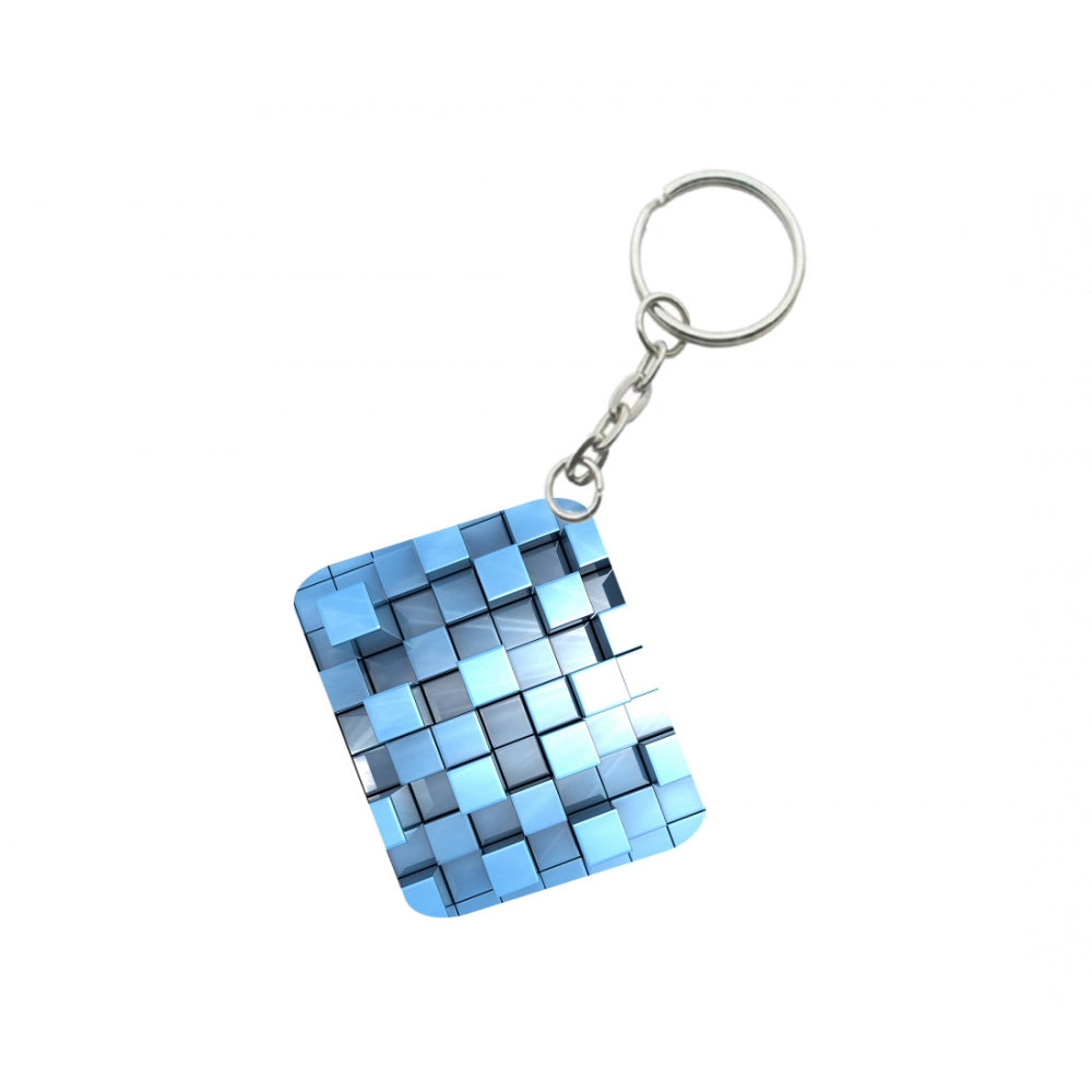 PKR Kart Pack Of 3_ Blue Cubes One Side Printed Rectangle Designer Keychain (Blue)