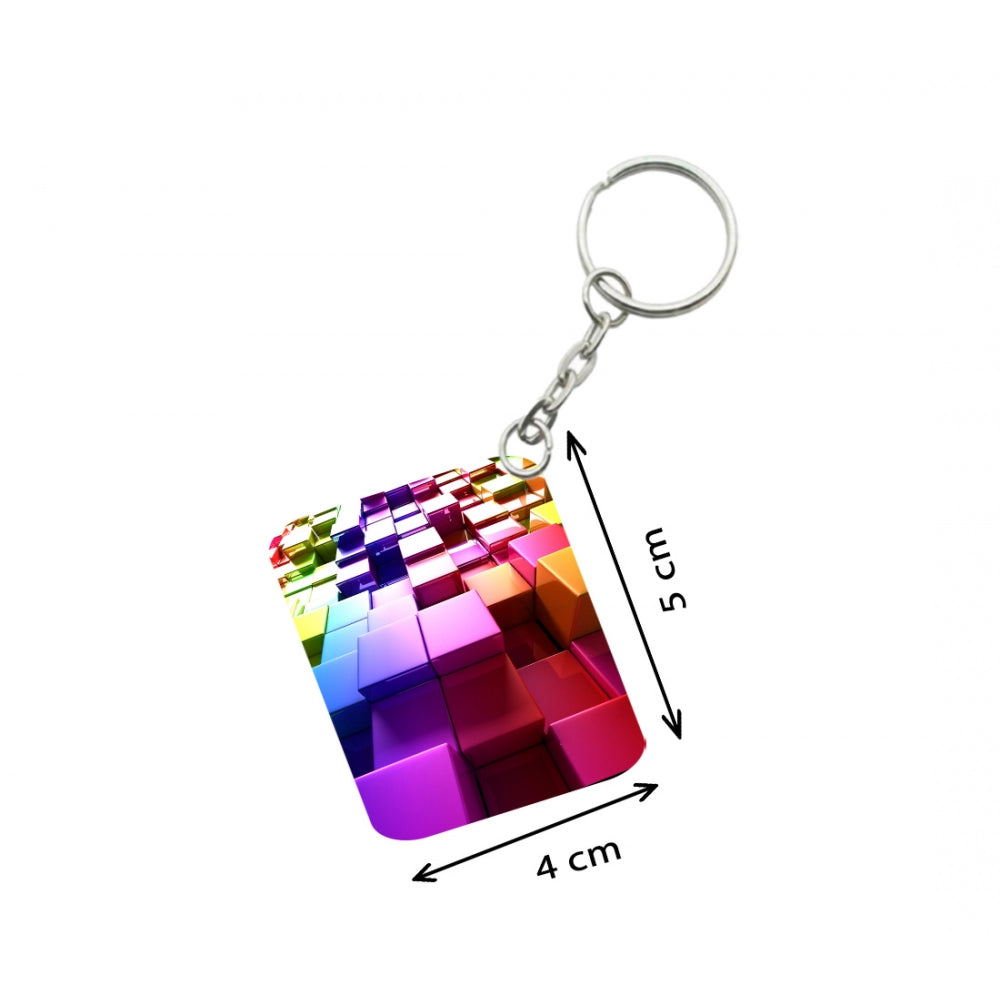 PKR Kart Pack Of 3_ Colored Cubes One Side Printed Rectangle Designer Keychain (Multi Color)