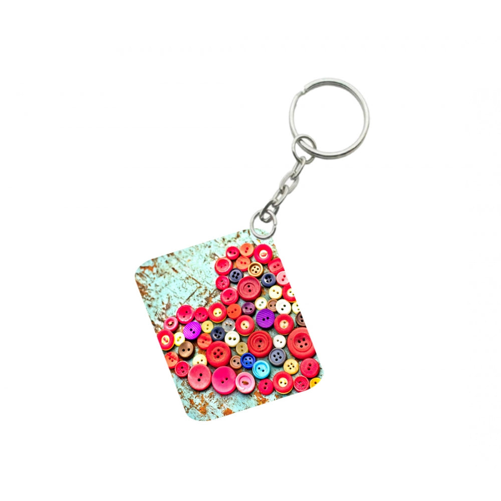 PKR Kart Pack Of 3_ Heart Shape Decorated With Buttons One Side Printed Rectangle Designer Keychain (Multi Color)