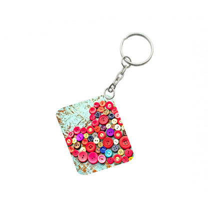 PKR Kart Pack Of 3_ Heart Shape Decorated With Buttons One Side Printed Rectangle Designer Keychain (Multi Color)