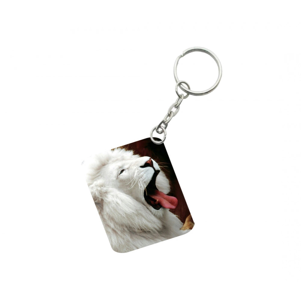 PKR Kart Pack Of 3_ White Lion One Side Printed Rectangle Designer Keychain (White)
