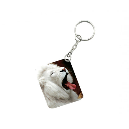 PKR Kart Pack Of 3_ White Lion One Side Printed Rectangle Designer Keychain (White)