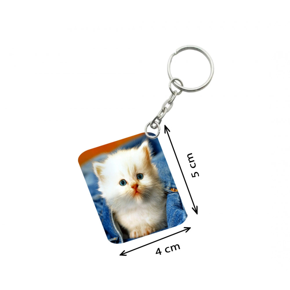 PKR Kart Pack Of 3_ White Cat One Side Printed Rectangle Designer Keychain (White)