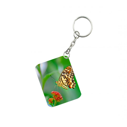 PKR Kart Pack Of 3_ Red Flower With Butterfly One Side Printed Rectangle Designer Keychain (Red)