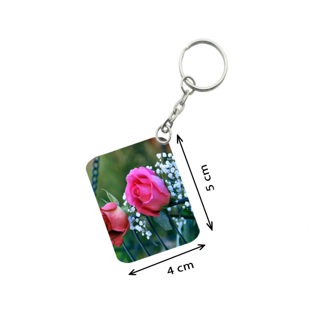 PKR Kart Pack Of 3_ Pink Rose One Side Printed Rectangle Designer Keychain (Pink)