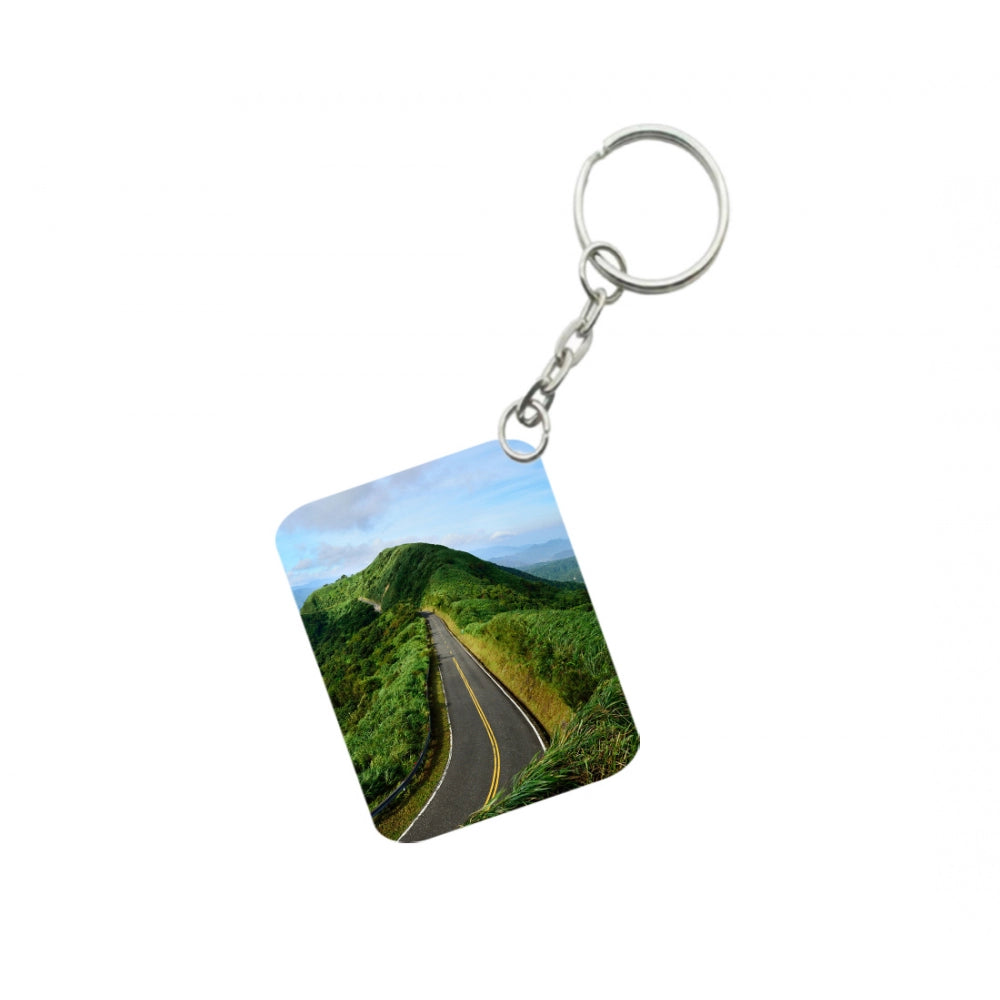 PKR Kart Pack Of 3_ Landscape Mountains Road Green One Side Printed Rectangle Designer Keychain (Green)
