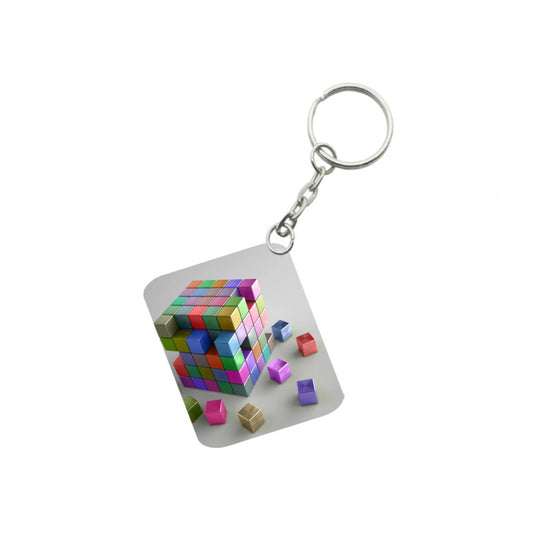 PKR Kart Pack Of 3_ 3D Cubes One Side Printed Rectangle Designer Keychain (Multi Color)