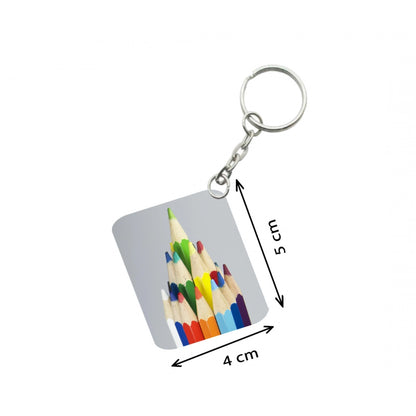 PKR Kart Pack Of 3_ Pencil One Side Printed Rectangle Designer Keychain (Multi Color)