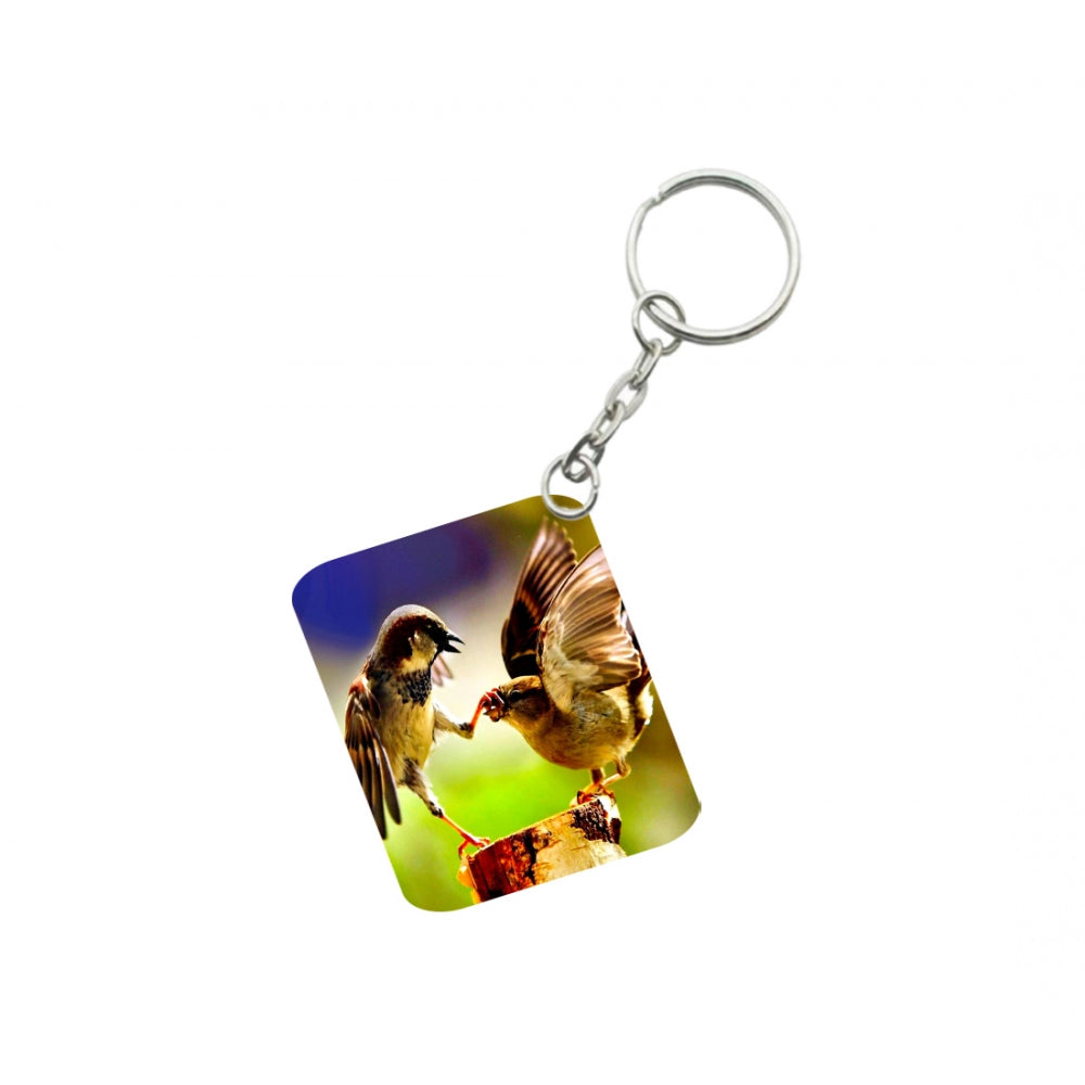 PKR Kart Pack Of 3_ Birds Love One Side Printed Rectangle Designer Keychain (Multi Color)