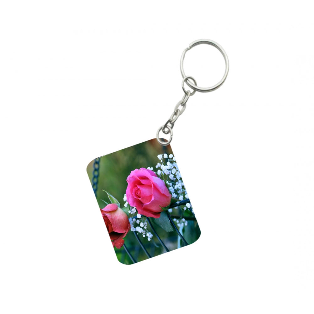 PKR Kart Pack Of 3_ Pink Rose One Side Printed Rectangle Designer Keychain (Pink)