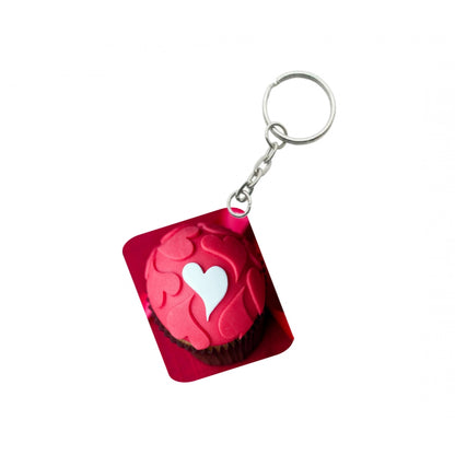 PKR Kart Pack Of 3_ Cake Shape Pink Heart One Side Printed Rectangle Designer Keychain (Red)