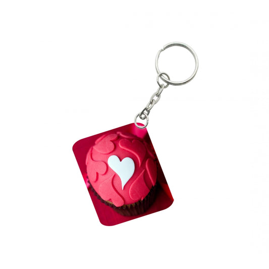 PKR Kart Pack Of 3_ Cake Shape Pink Heart One Side Printed Rectangle Designer Keychain (Red)