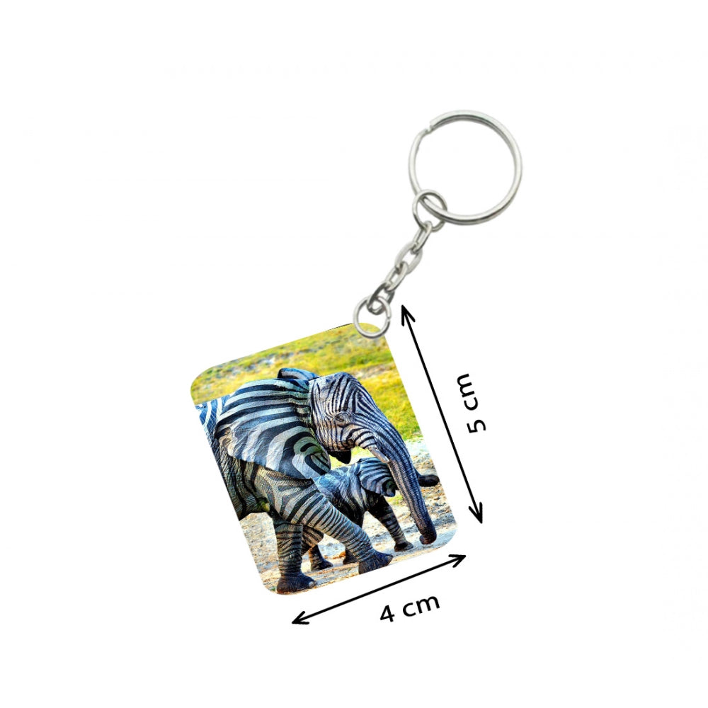 PKR Kart Pack Of 3_ Zebra Elephant One Side Printed Rectangle Designer Keychain (Black and White)