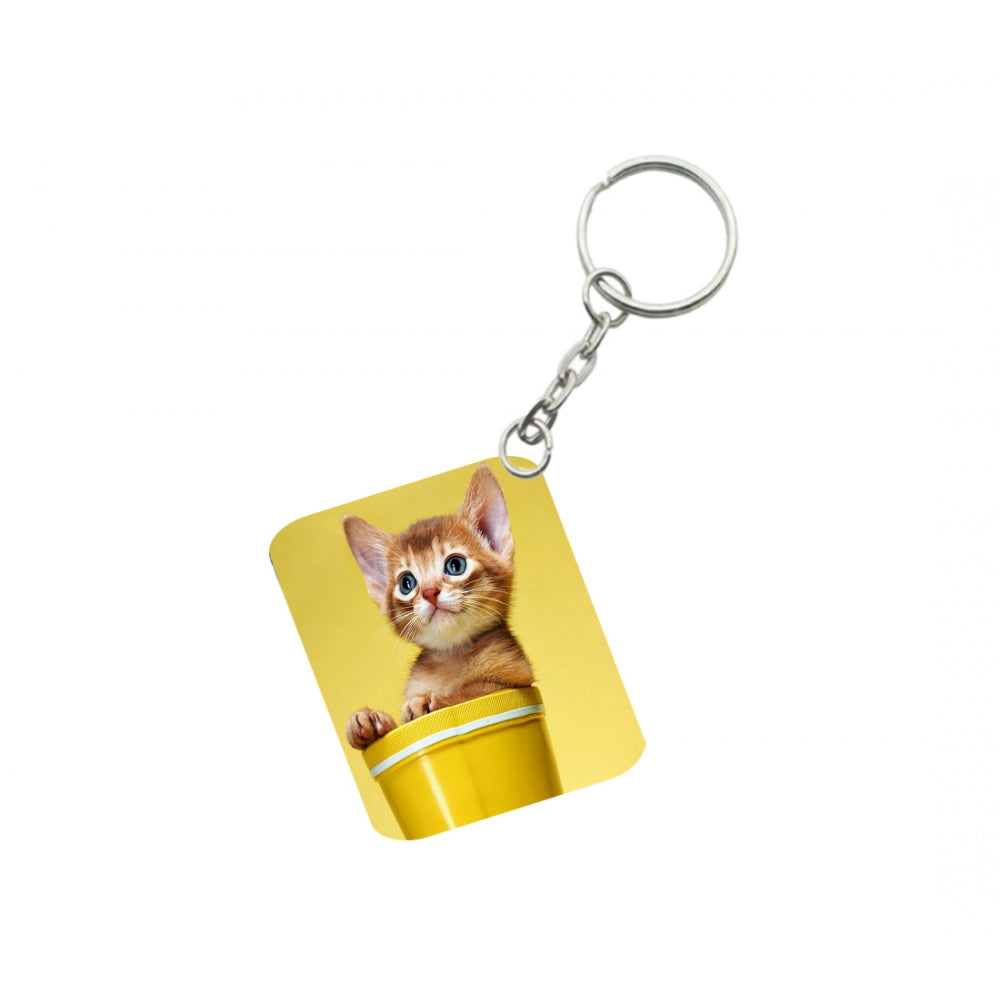 PKR Kart Pack Of 3_ Yellow Cup With Cat One Side Printed Rectangle Designer Keychain (Yellow)