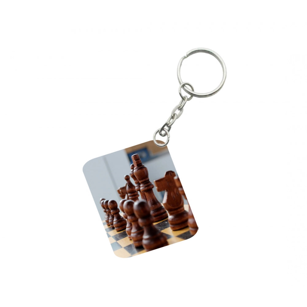 PKR Kart Pack Of 3_ Chess Set One Side Printed Rectangle Designer Keychain (Brown)