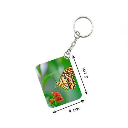 PKR Kart Pack Of 3_ Red Flower With Butterfly One Side Printed Rectangle Designer Keychain (Red)