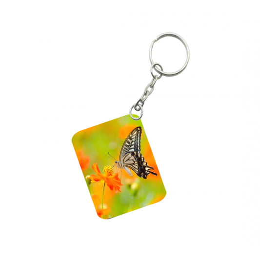PKR Kart Pack Of 3_ Orange Flower With Butterfly One Side Printed Rectangle Designer Keychain (Orange)