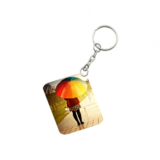 PKR Kart Pack Of 3_ Girl Under Umbrella One Side Printed Rectangle Designer Keychain (Multi Color)