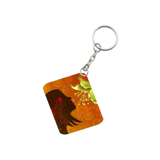 PKR Kart Pack Of 3_ Woman Face Decorated With Flowers One Side Printed Rectangle Designer Keychain (Orange)