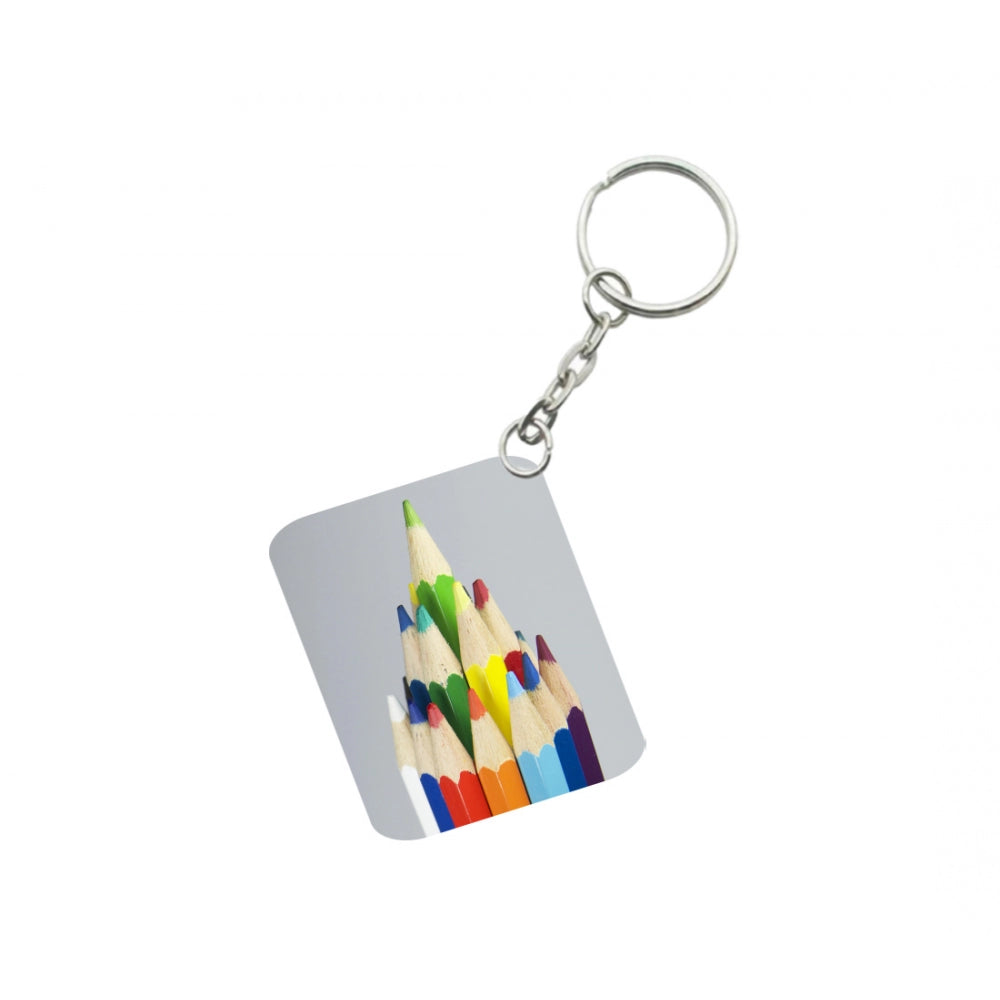 PKR Kart Pack Of 3_ Pencil One Side Printed Rectangle Designer Keychain (Multi Color)