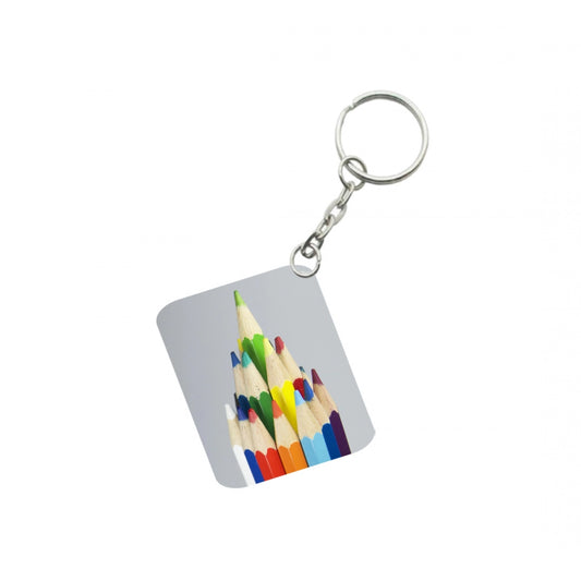 PKR Kart Pack Of 3_ Pencil One Side Printed Rectangle Designer Keychain (Multi Color)