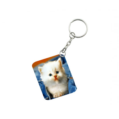PKR Kart Pack Of 3_ White Cat One Side Printed Rectangle Designer Keychain (White)