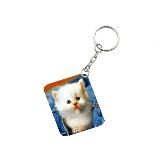 PKR Kart Pack Of 3_ White Cat One Side Printed Rectangle Designer Keychain (White)