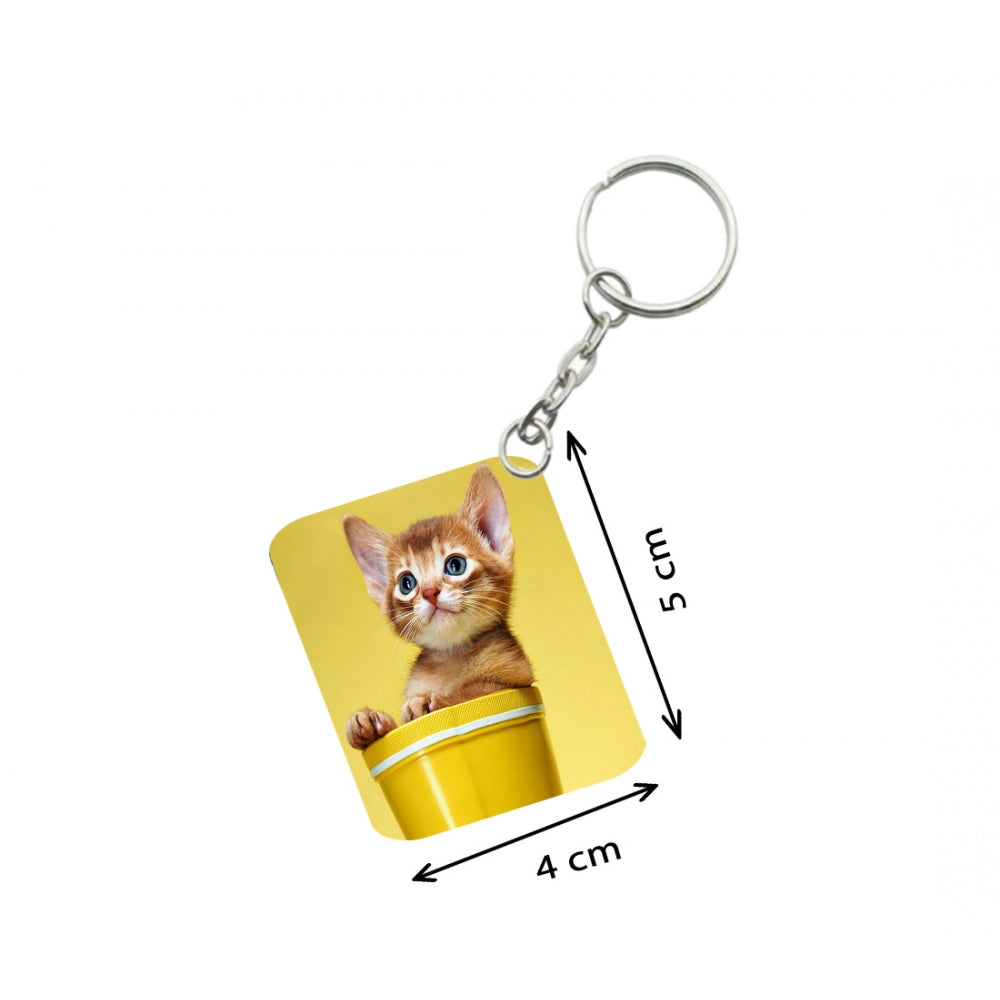 PKR Kart Pack Of 3_ Yellow Cup With Cat One Side Printed Rectangle Designer Keychain (Yellow)