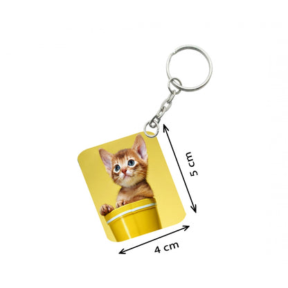 PKR Kart Pack Of 3_ Yellow Cup With Cat One Side Printed Rectangle Designer Keychain (Yellow)