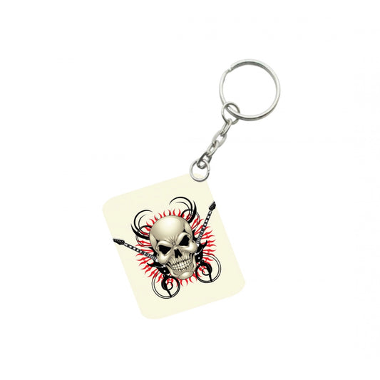 PKR Kart Pack Of 3_ Skull With Music One Side Printed Rectangle Designer Keychain (White)