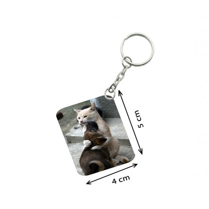 PKR Kart Pack Of 3_ Cat Love One Side Printed Rectangle Designer Keychain (Brown)
