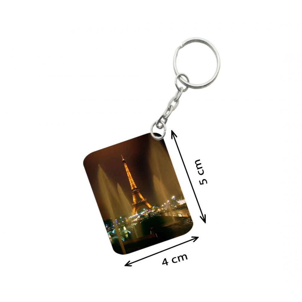 PKR Kart Pack Of 3_ Eiffel Tower One Side Printed Rectangle Designer Keychain (Golden)