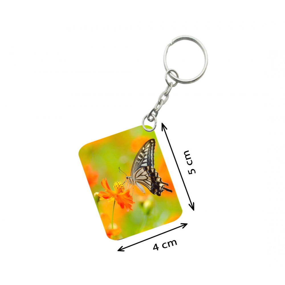 PKR Kart Pack Of 3_ Orange Flower With Butterfly One Side Printed Rectangle Designer Keychain (Orange)