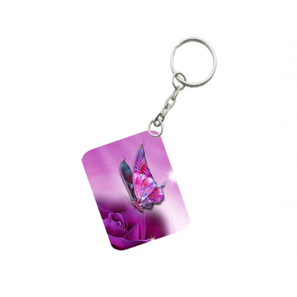 PKR Kart Pack Of 3_ Pink Butterfly One Side Printed Rectangle Designer Keychain (Pink)