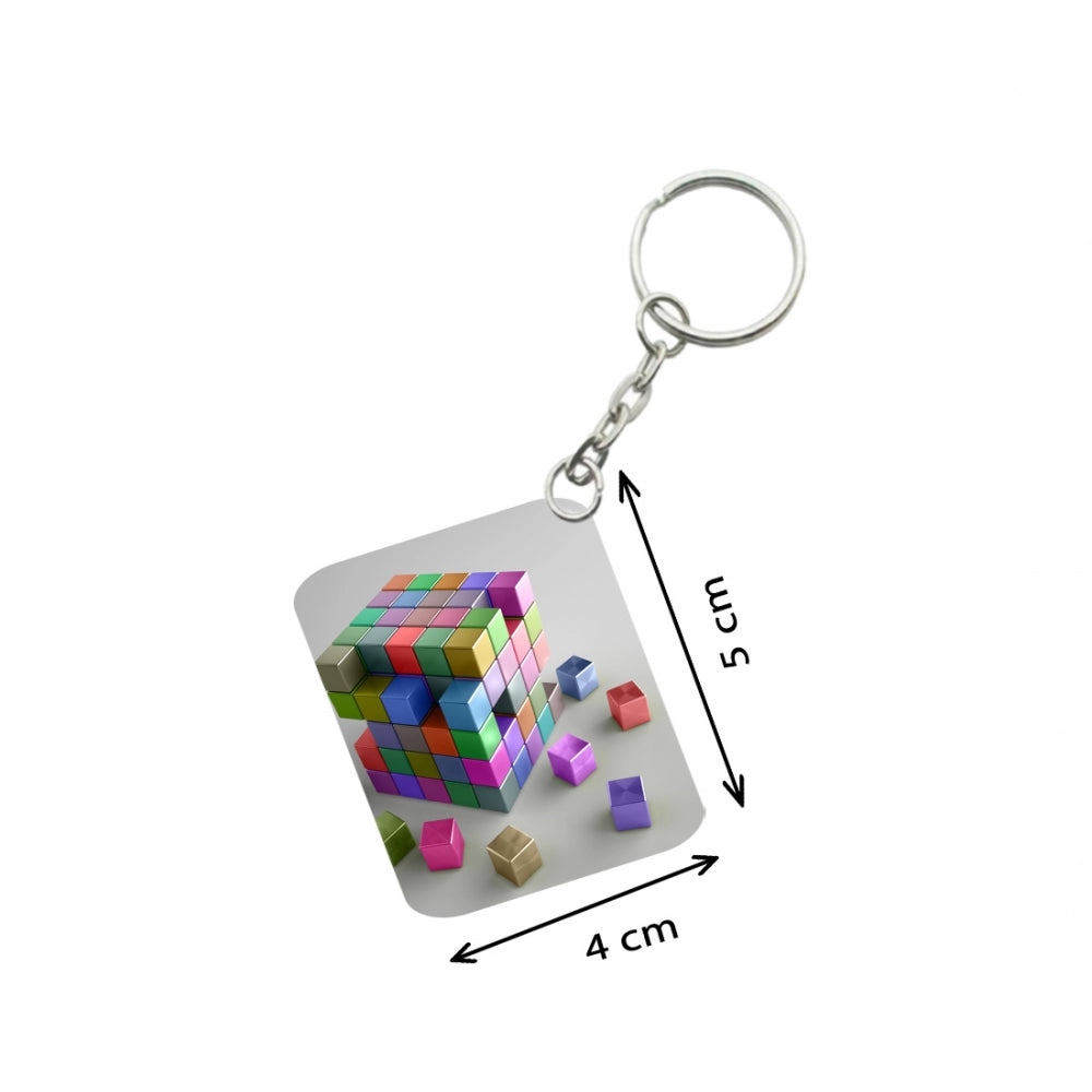 PKR Kart Pack Of 3_ 3D Cubes One Side Printed Rectangle Designer Keychain (Multi Color)