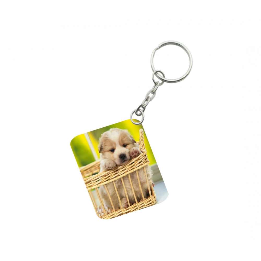 PKR Kart Pack Of 3_ Basket Dog One Side Printed Rectangle Designer Keychain (Brown)