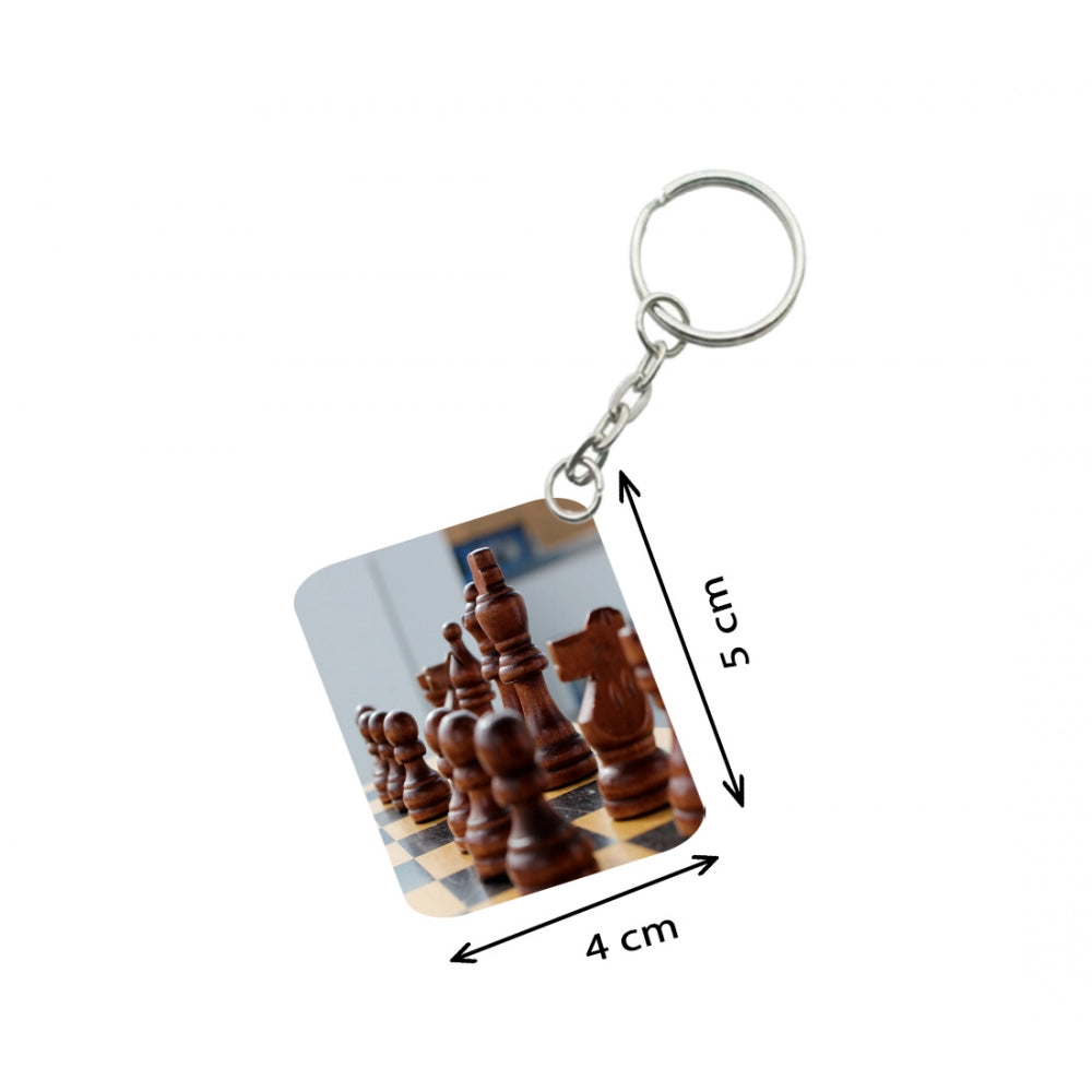 PKR Kart Pack Of 3_ Chess Set One Side Printed Rectangle Designer Keychain (Brown)