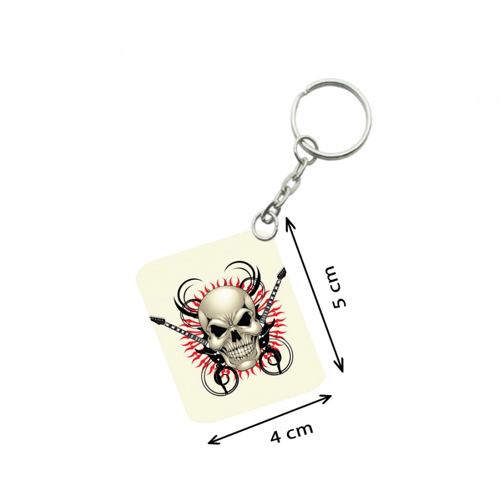 PKR Kart Pack Of 3_ Skull With Music One Side Printed Rectangle Designer Keychain (White)