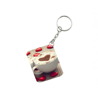 PKR Kart Pack Of 3_ Cup Of Coffee With Heart-Shaped Froth One Side Printed Rectangle Designer Keychain (White)