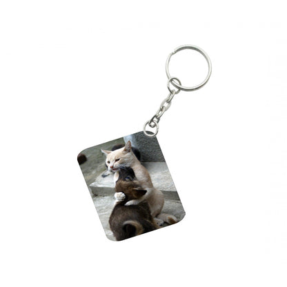 PKR Kart Pack Of 3_ Cat Love One Side Printed Rectangle Designer Keychain (Brown)