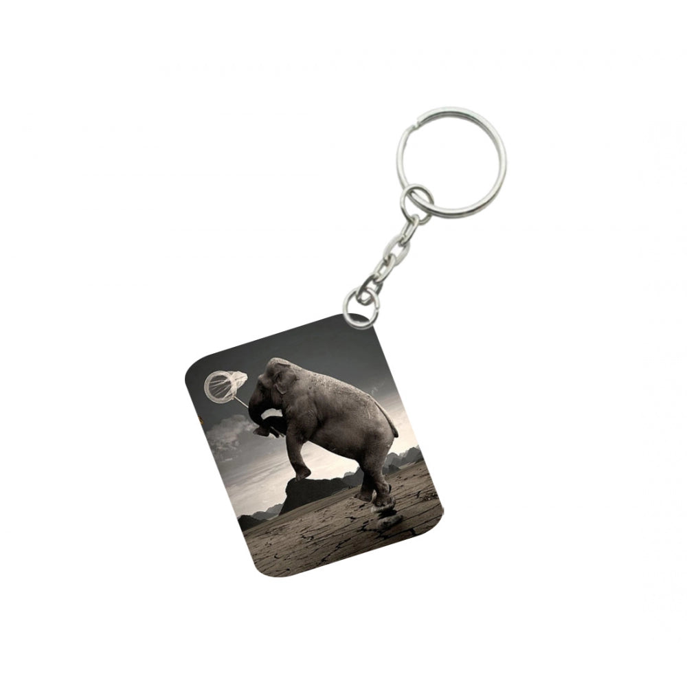 PKR Kart Pack Of 3_ Elephant Clip Art One Side Printed Rectangle Designer Keychain (Black)