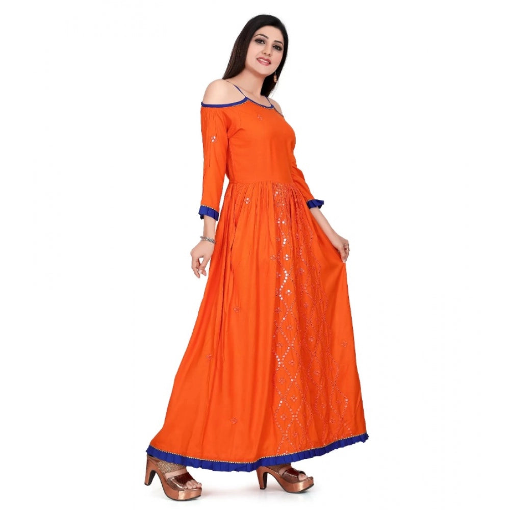 PKRKART Women's Rayon Cotton Orange Embroidered Long Kurti