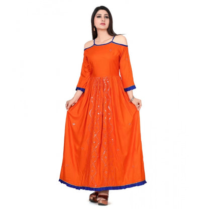PKRKART Women's Rayon Cotton Orange Embroidered Long Kurti