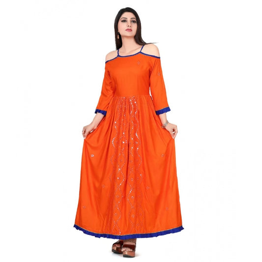 PKRKART Women's Rayon Cotton Orange Embroidered Long Kurti