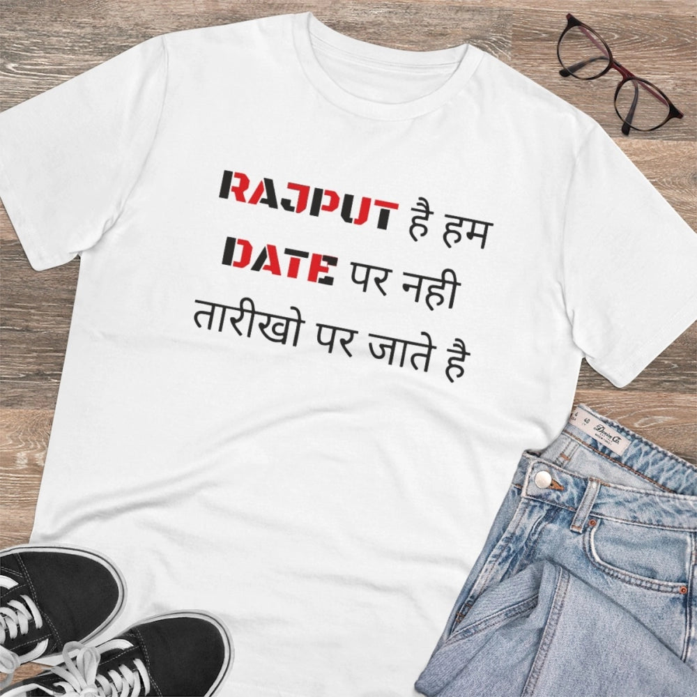 Generic Men's PC Cotton Rajput Hai Hum Date Par Nahi Tarikho Par Jate Hai Printed T Shirt (Color: White, Thread Count: 180GSM)