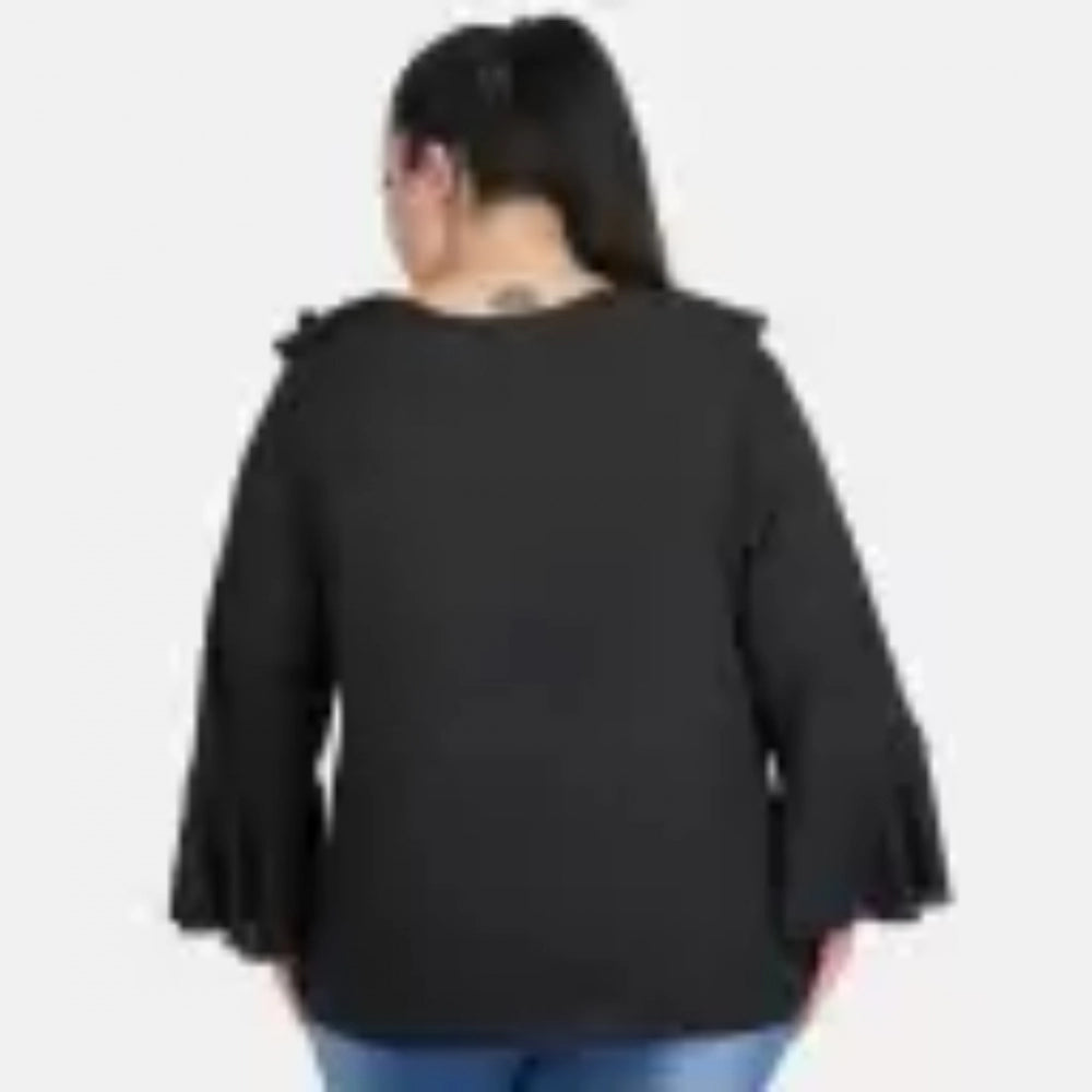PKRKART Women's Casual Bell Sleeve Solid Black Top (Color:Black, Material:Georgette)